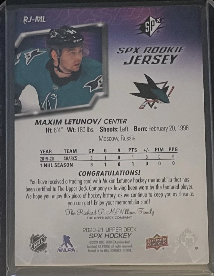 2020-21 Upper Deck SPx Rookie Jersey Maxim Letunov San Jose Sharks #RJ-ML - Image 2 of 2