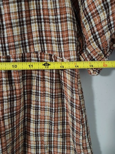 Old Navy Dress Girls L Brown Puff Sleeve Tier Flare Plaid Tie Gauze Woven Boho - Picture 13 of 16