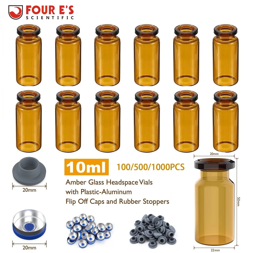 4E'S SCIENTIFIC 100/500/1000Pcs 10ml Amber Glass Vials Headspace Vials w/ Flip Caps Sample Vials