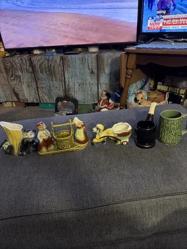 DUTCH BOY/GIRL WISHING WELL , Bear Cubs, Poodle, And Pipe Planter W Mug As Is