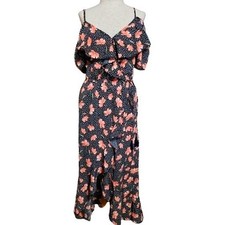 Blush Floral Faux Wrap flutter sleeve Dress Size Medium Off shoulder Black