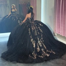 Gold Appliques BlackSweetheart QuinceaneraDress Beading Crystal BallGownBirthday
