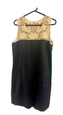 Loft !00% Linen Dress Black/Cotton Crochet Lace Floral Yoke Side Zip Size 14