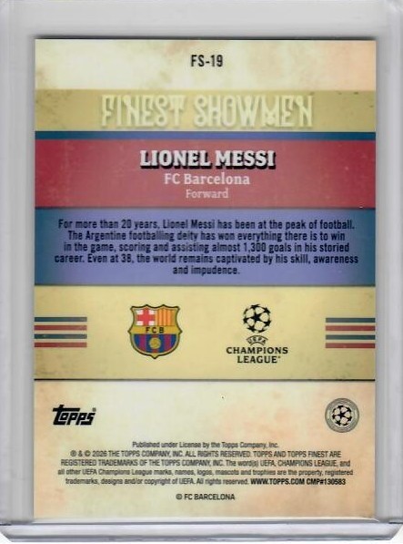2025-26 Topps Finest UEFA Lionel Messi Finest Showmen Black Refractor /10 view 2