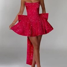 Short Corset Cocktail Evening Dress Sequin Homecoming Dress with Bow Strapless