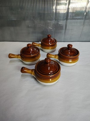 Vintage Brown Stoneware French Onion Soup Bean Bowls wHandles & Lids 4ct