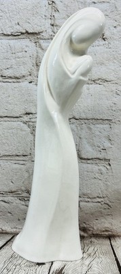 Vintage Modernist Madonna & Child Ceramic Statue 12.5  White Glazed Figurine