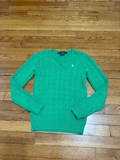 Polo Ralph Lauren Sport Womens Sweater Size Small Green Cotton Cable Knit V-Neck