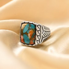 Solid-925 Sterling Silver Gemstone Natural Oyster Turquoise Rectangle Men's Ring