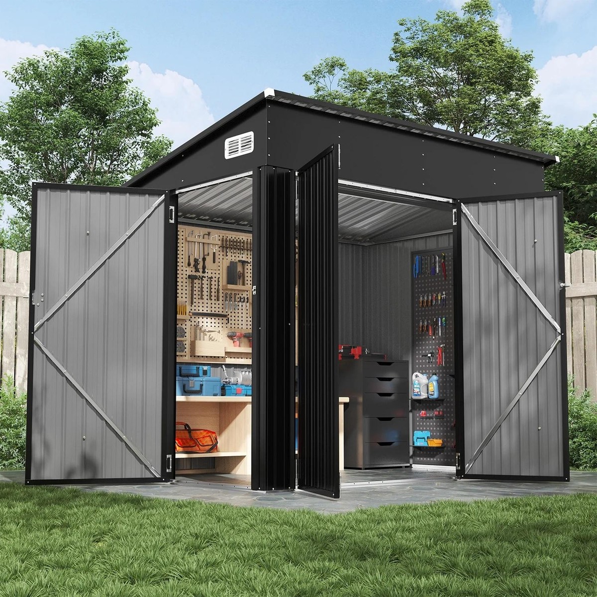 8'X4' Outdoor Metal Lockable Storage Shed With Triple Doors