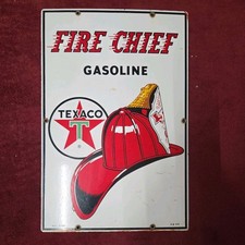 Letrero de gasolinera de porcelana Texaco Fire Chief 1962 original vintage 18" x 12".