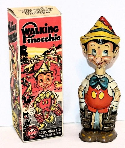 HIGH GRADE DISNEY1939 1ST👍VERSION WALKING PINOCCHIO MARX TIN WIND-UP TOY+BOX