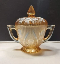 Vtg Jeanette Glass Iris Herringbone Marigold Carnival Sugar Bowl Dble Handle Lid