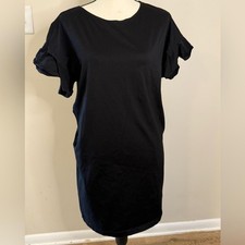 Uniqulo black midi dress pockets ruffled sleeves stretchy SM