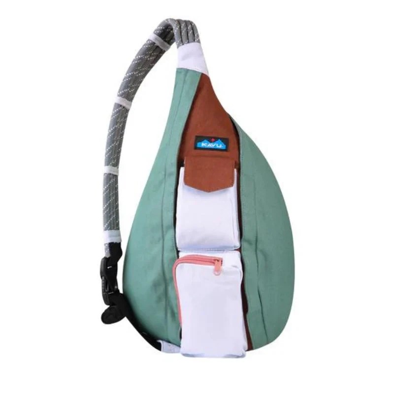 KAVU Rope Crossbody Bag ~ Mint Green White Brown with Pink Zippers - Image 4 of 4