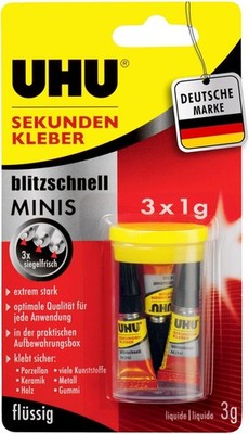 UHU Sekundenkleber Extra Stark Fluessig Kunststoff Metall Holz Keramik 3x1 g