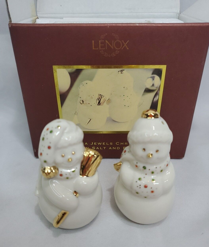 Lenox China Jewels Christmas Snowmen Salt And Pepper Set Excellent Condition IOB