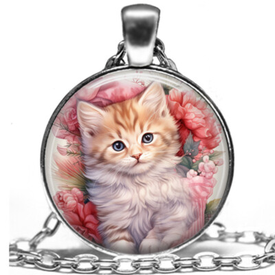 Pink Victorian Christmas Art Print Orange Tabby Kitten Cat Holiday Necklace 24''