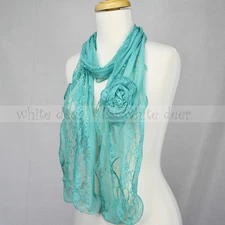 Lace Scarf Wave Curly Fringe Embroidery Sewed On Flower Tassel Sheer Solid Color