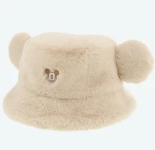 Disney Tokyo Japan Mickey Mouse Fluffy Bucket Hat Winter Cap Disneyland [Beige]