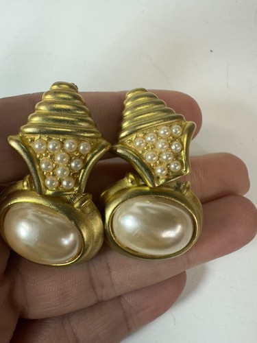 Vintage Earrings Clip On Dangle Door Knocker Simulated Pearl Matte