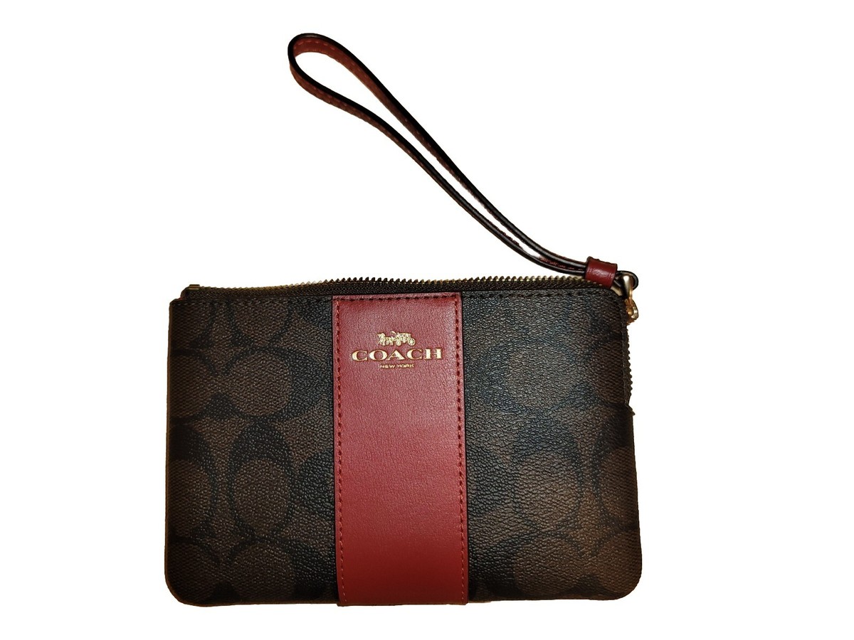 Coach Corner Zip Wristlet Signature Brown & Red Saddle