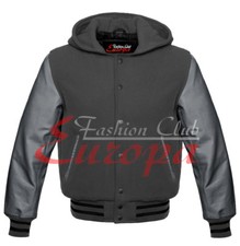 Classic Wool Varsity Jacket Hoodie Men's Letterman Real Leather Sleeves