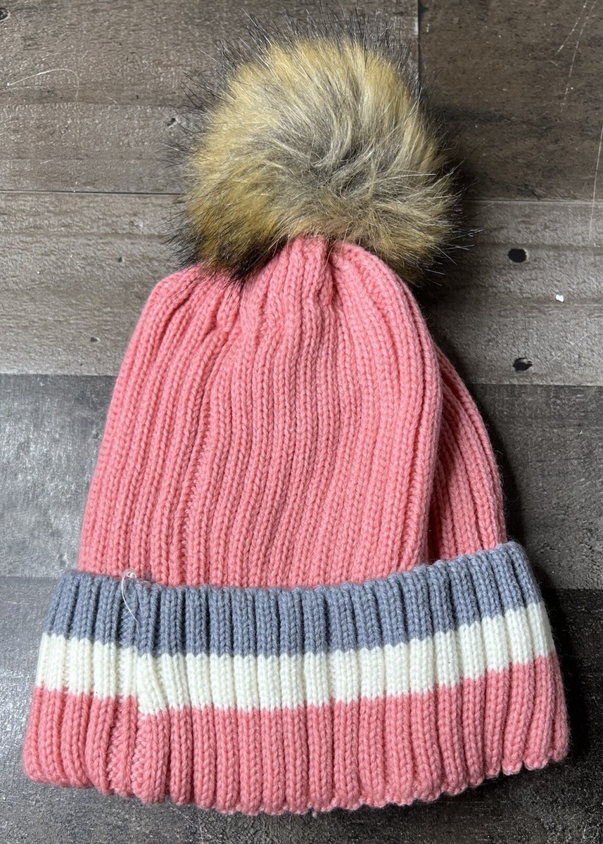 Pink Women's Hat Puff Ball On Top Knit Beanie Soft Inside
