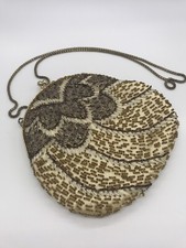 La Regale Vintage Gold Brown Beaded Satin Evening Purse Kiss Lock with Chain