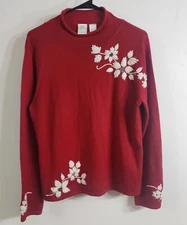 Emma James By Liz Claiborne Red Sweater With White Embroidered Flowers And Beads