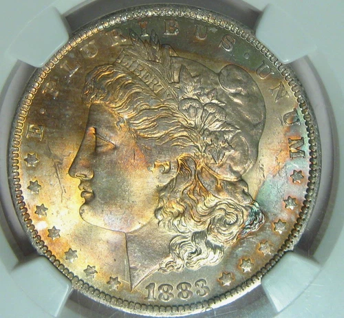 1883-O RAINBOW TONED MORGAN  DOLLAR~NGC MS65~GEM OBVERSE  END OF ROLL TONER*