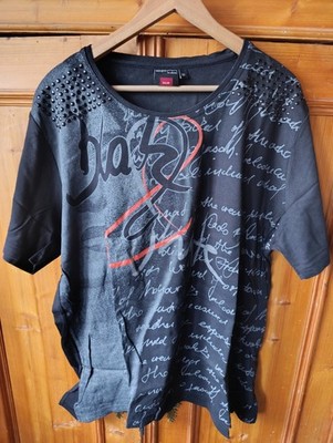 Damen T-Shirt Schwarz Bedruckt Rot Grau Glitzer Com Due 50 52