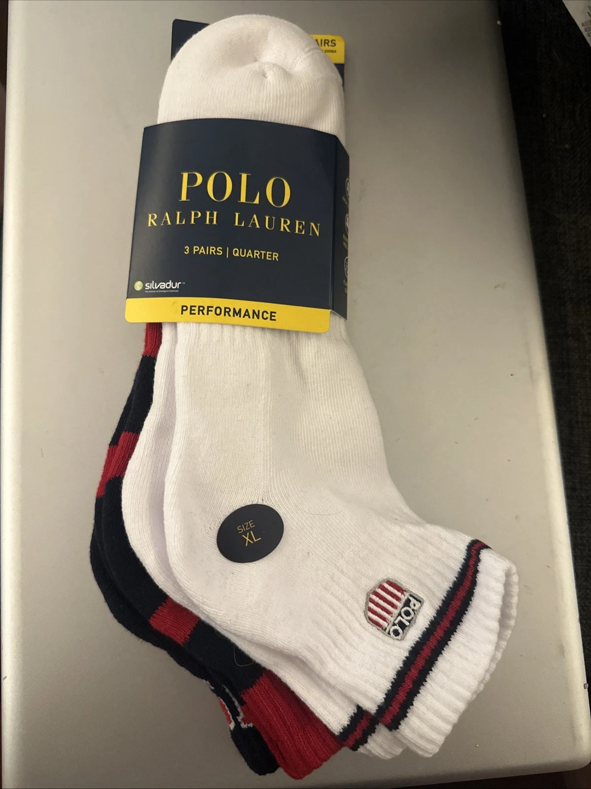 Polo Ralph Lauren Mens 3 Pairs Quarter Performance Socks XL White Navy Red USA