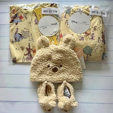 NWT Bundle Little Sleepies Disney Pooh Zippered Romper Crib Sheet Hat Shoes 