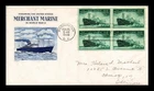 DR JIM STAMPS US COVER WWII MERCHANT MARINE FDC SCOTT 939 BLOCK OF 4 GRIMSLAND