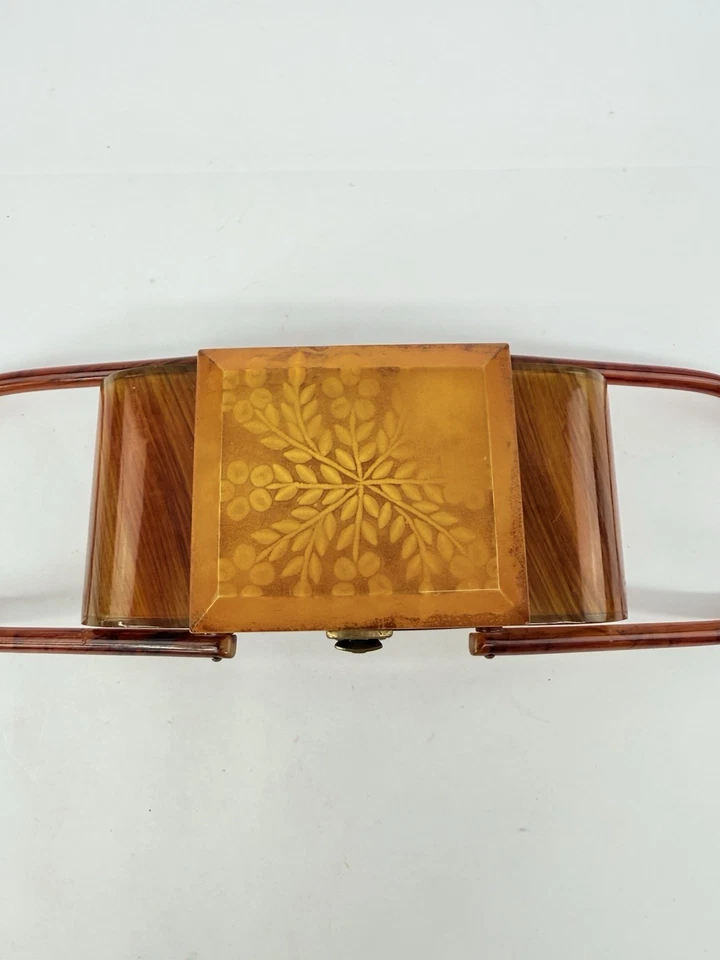 Vintage 1950s Bakelite Caramel Brown Striped Handbag Purse Reverse Carved Top - Image 2 of 4