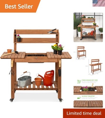Functional Garden Potting Table with Sliding Top & Tool Storage - Brown