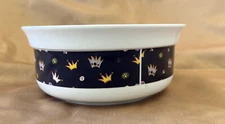 Dog Bowl by Ruby Decorated with Crowns and Paw Prints Blue and White 7"W x 3"H