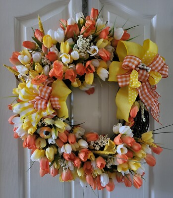 Tulip Wreath Bouquet for Spring on a Grapevine Base, 24'x24'', Free Shipping