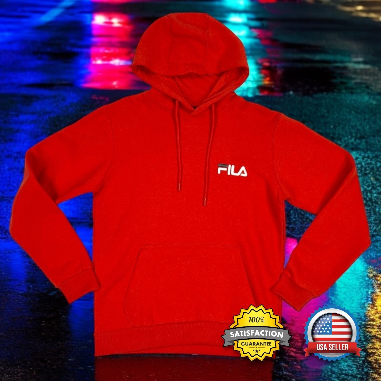 FILA Felpa con cappuccio pullover uomo XS in pile rosso foderata cappuccio con cordini tasca canguro