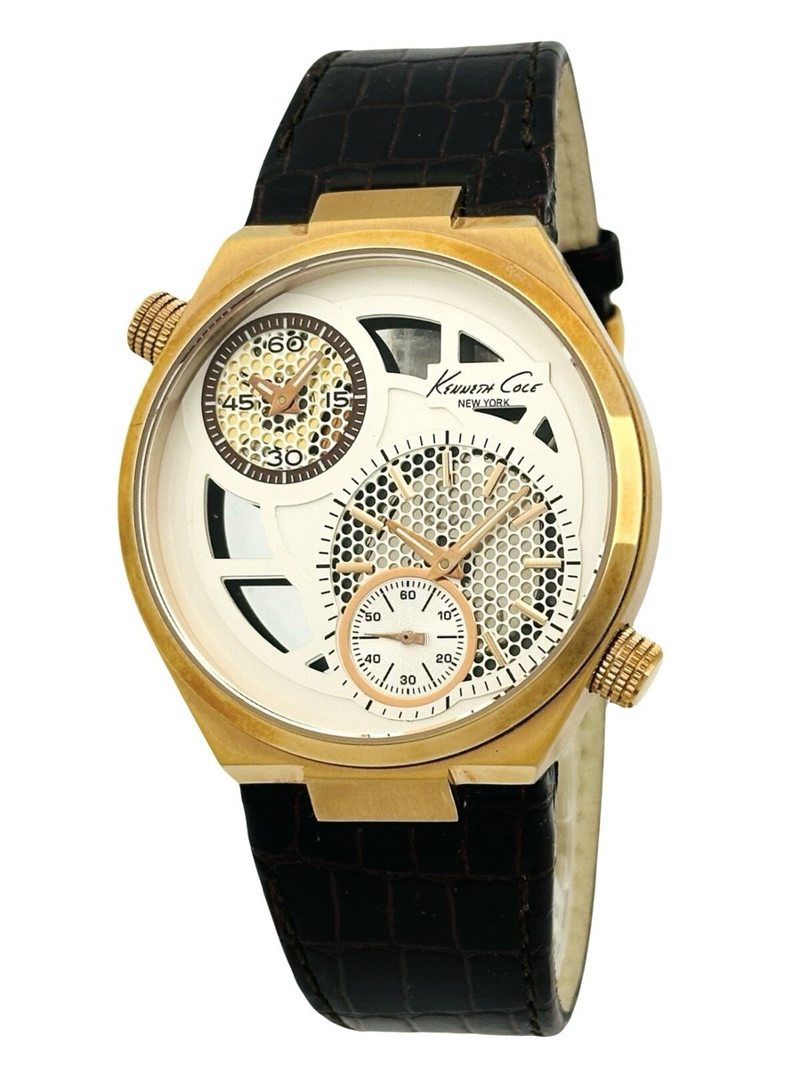Kenneth Cole KC1715 Men's DUAL TIME Rose Golden Skeleton Dark