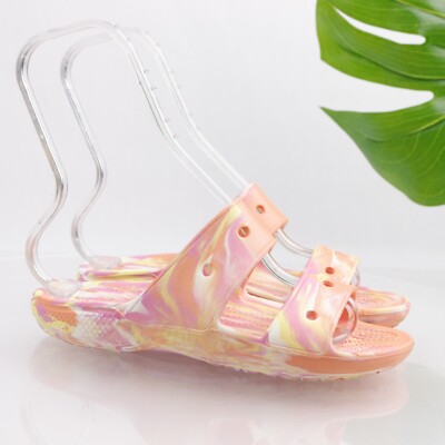 Crocs Women's Classic Sandal Size 7 Marble Tie Dye Orange Pink Yellow Flip Flop