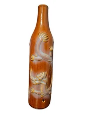 Unusual Ceramic Brown Bottle w Dragons Decoration and 3 perforations  11" x 4"