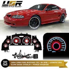 RED Glow Gauge Black Overlay For 96-98 Ford Mustang GT 150MPH Instrument Cluster