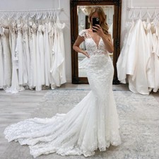 Elegant V Neck Mermaid Wedding Dresses Appliques Backless Lace Bridal Gowns New