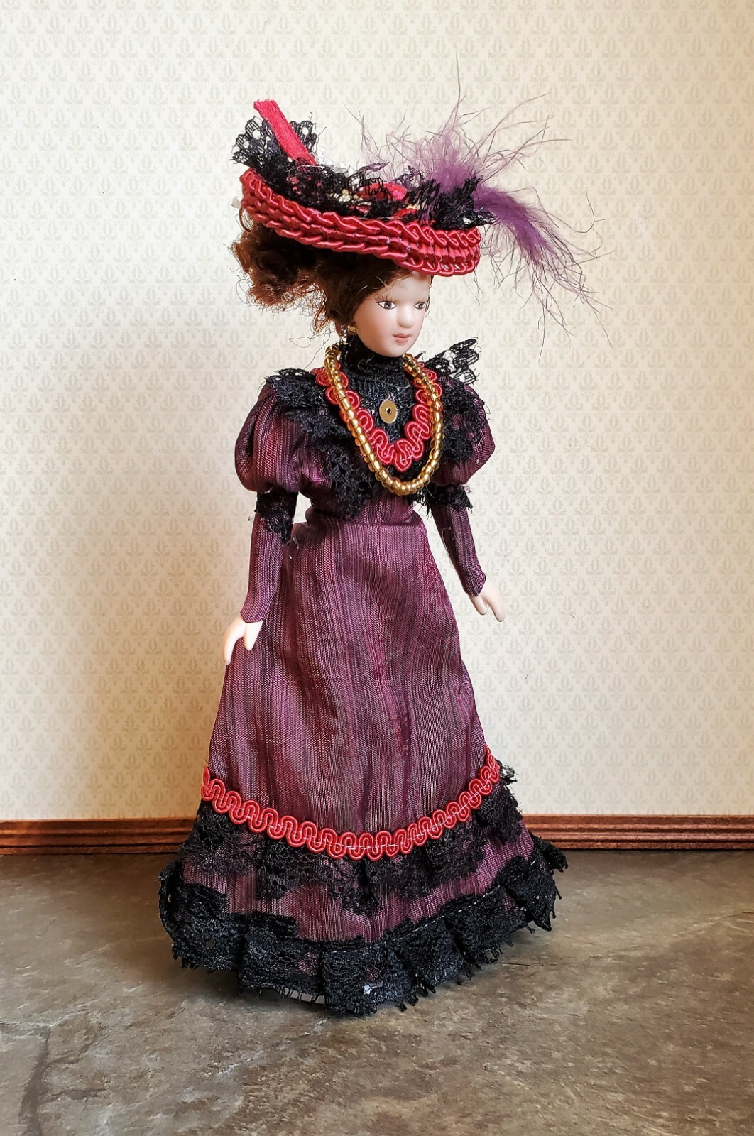 Dollhouse Victorian Doll Porcelain Fancy Maroon Dress and Ha