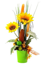 Gesteck Kunstblumen Sonnenblumen Mais im Topf Gelb Orange Figur Früchte