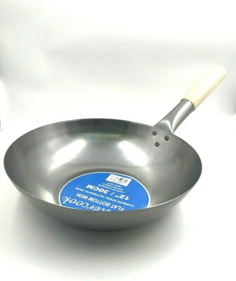30 cm Kohlenstoffstahl Wok tiefe chinesische asiatische Küche Holzgriff Rühren Bratpfanne 12 Zoll