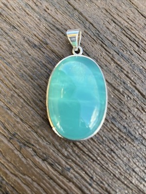 Glowing Translucent Gemmy Aqua Green Chrysoprase Sterling Silver Oval Pendant
