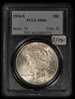 1934-S $1 Silver Peace Dollar - PQ Key Date Nice Strike - PCGS MS 64 - SKU-B5480